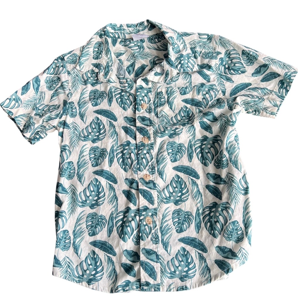 Wrangler Kids Tropical Monstera Leaf Button‎ Down Shirt 6T Teal White Palm Print